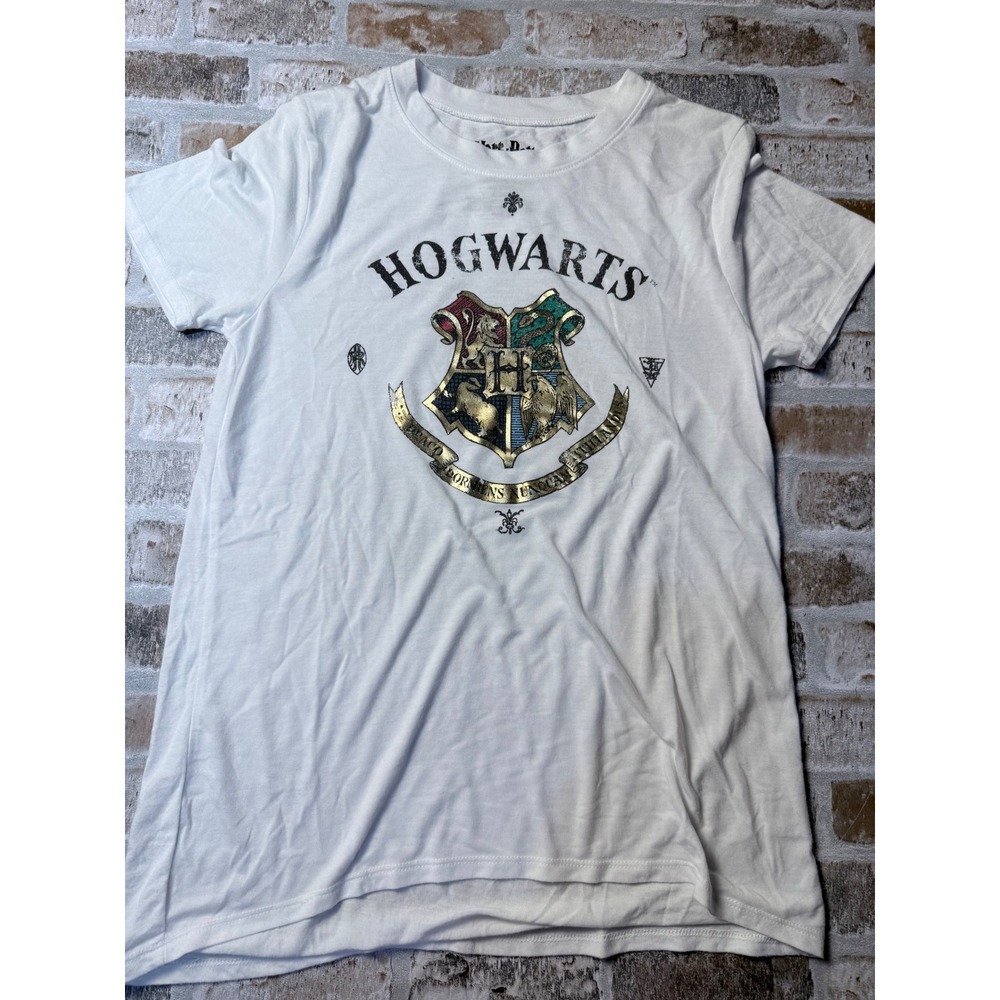 Harry‎ Potter Hogwarts Crest Graphic Tee White Gold Foil JT17028 Womens Medium